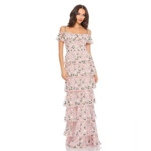 Mac Duggal 9069 Mauve‎ Off Shoulder Floral Embroidered Ruffle Tiered Gown NWT 10